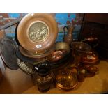 Large quantity of brass and copperware, including kettle, vase, etc