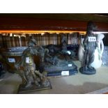 Three figurines, one being a brass poacher, another Horse/foal group, plus another