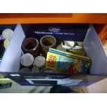 Box of sundry items - child's annual, vases, part tea set etc.