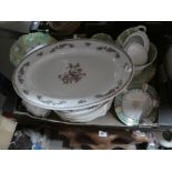 Three boxes of china, sundries including meat platters, cakestands, wind chimes, etc.