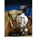 A box of mixed ceramics to include four branch candelabra