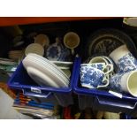 Three boxes of mixed ceramics, to include blue and white, Denby examples