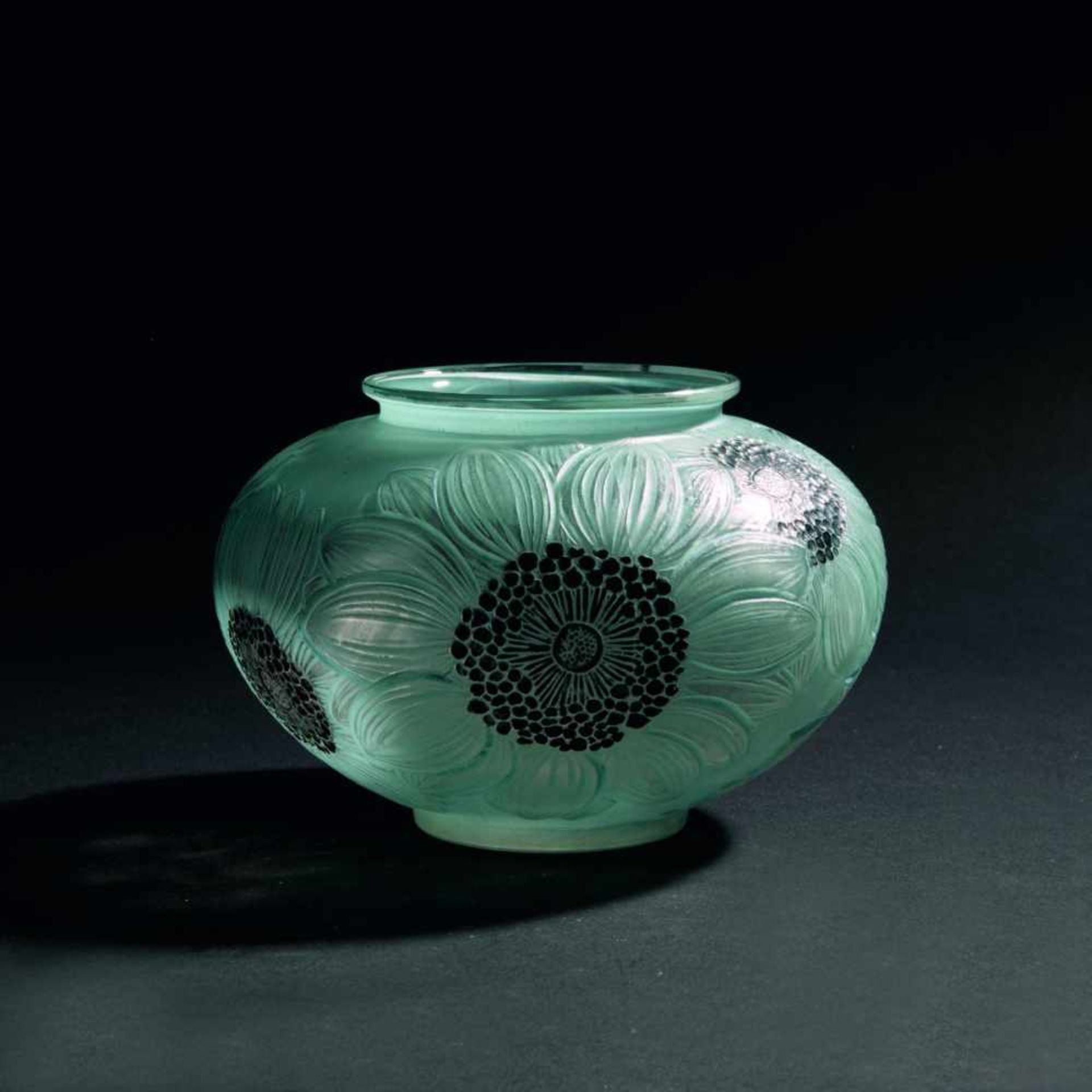 René Lalique, 'Dahlias' vase, 1923'Dahlias' vase, 1923H. 12.5 cm. Clear mould-blown glass, blue