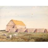 Watercolour, moorland landscape with barn and sheep, unsigned, mounted & unframed. (14in x 9.5in)