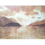 Merlis (?), watercolour, lake and mountain landscape scene, signed, dated 79 & framed. (18in x 14in)