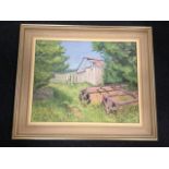 Neil Duncan, oil on board, farm shed and roller in corner of summer field, signed & framed.