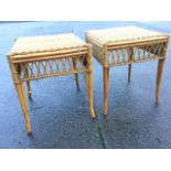 A pair of contemporary square cane occasional tables with lattice aprons, raised on shaped bamboo