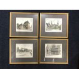 A set of four handcoloured European etchings depicting street scenes, the plates titled and signed