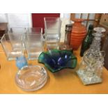 Miscellaneous glass including a set of six square vases, a large early nineteenth century decanter