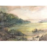 Jaqueline Gough, watercolour, extensive coastal landscape, signed, mounted & framed. (19in x 14in)