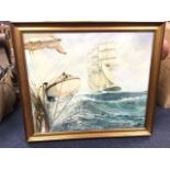 Paul Richardson, oil on canvas, marine scene with tall ships on choppy seas and figures hauling