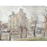 Eline Livermore, watercolour, rainy streetscape, signed, mounted & framed. (14.5in x 10in)