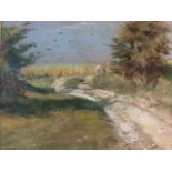Joan Wyatt, pastel, country lane with figures, signed, mounted & framed. (12in x 10in)