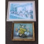 A gilt framed Wilf Walker still life print with bowl of flowers; and a Kamikusa print with tubs of