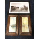 A pair of Edwardian oak framed prints depicting coastal marine scenes; and a framed contemporary