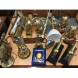 Miscellaneous brass including three picture lights, a pair of cats on hardwood plinths, wall-lights,
