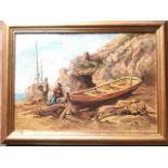 Oil on board, fisherman and boat, signed Findlay (?), framed. (16in x 11in)