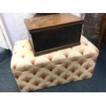 A small rectangular ottoman with upholstered hinged seat; and a wood box with press moulded