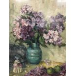 Margaret Wright, oil on canvas, still life with phlox in vase on table with figurine and apples,