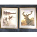 Rien Poortvliet, a pair of framed and mounted coloured lithographic prints, a fox in the snow and