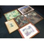 Six framed pictures/prints - a woolwork tapestry, an old master style, impressionist, a quayside