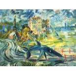 Anton Sulek, oil on paper, colourful cityscape with shark in foreground, signed, mounted &