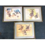 Rein Poortvliet, a set of three mounted & framed nature studies, hares, roebuck and falcons,