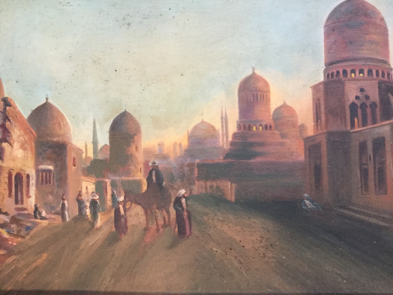 Oil on board, probably nineteenth century orientalist school, Arabic city scene with mosque and - Image 2 of 3