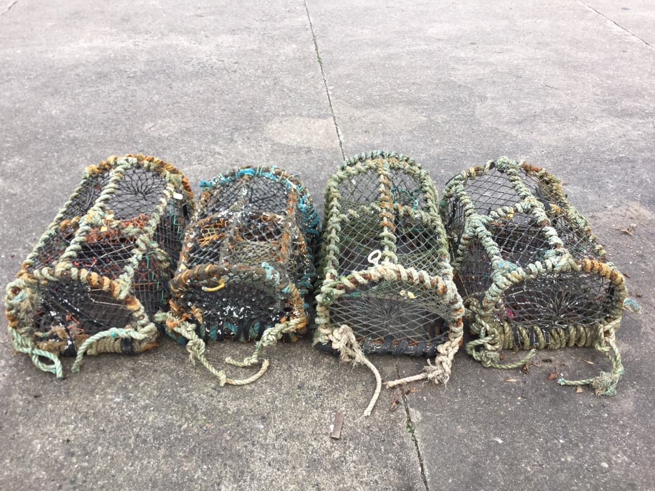 Four three-hoop lobster pots of rectangular arched form. (4)