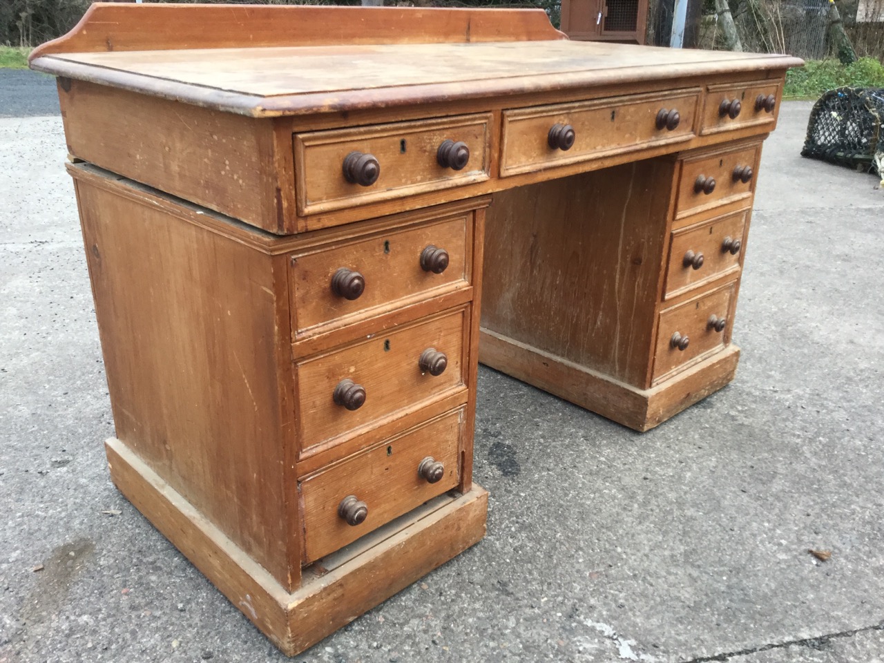 A Victorian pine kneehole desk, the rectangular moulded top with three panelled frieze drawers on - Image 2 of 3