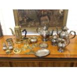 A four-piece silver plated tea/coffee set with scrolled handles; and other silver plate and brass