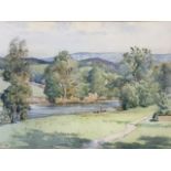 F Bradshaw, watercolour, river valley landscape, signed, mounted & framed. (14.5in x 10in)