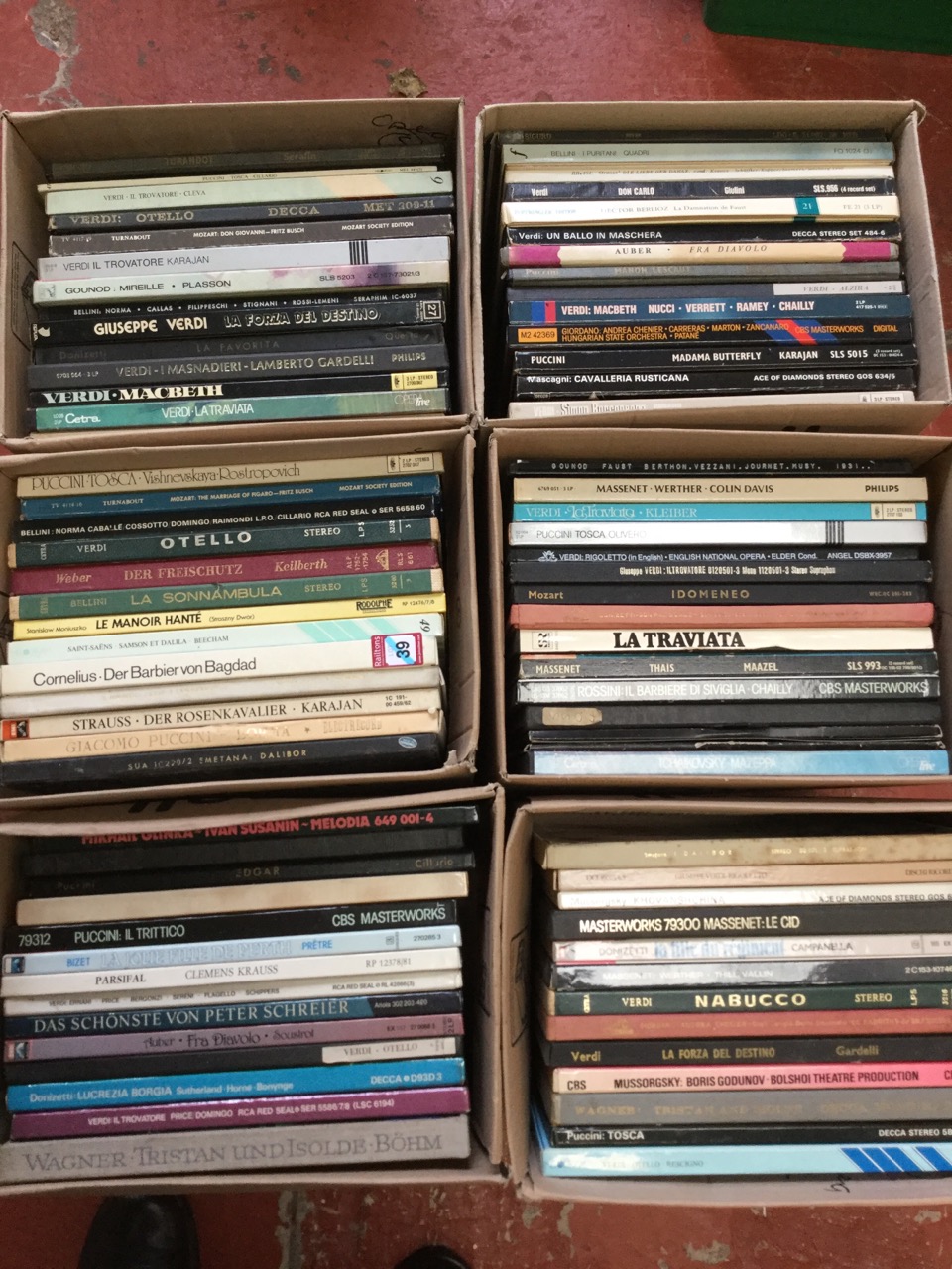 A collection of classical boxed sets of vinyl records, the cases containing mainly opera