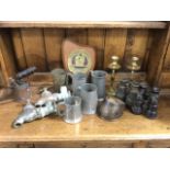 Miscellaneous items including pewter tankards, a polished horses hoof, three pairs of binoculars,