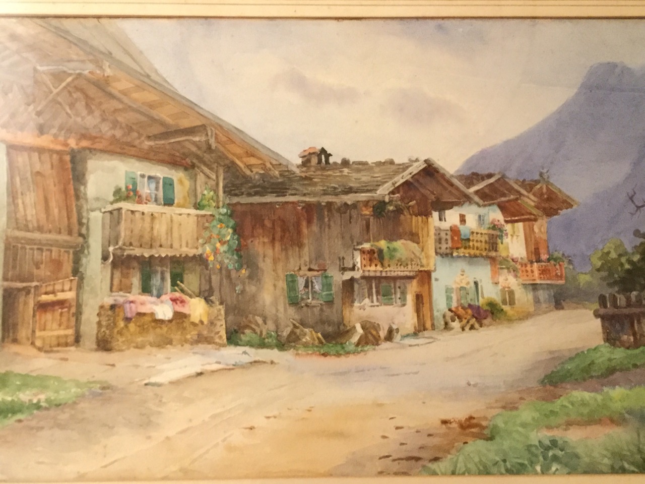 Watercolour, Alpine village, indistinctly signed GM Duig (?), mounted & framed. (21in x 12.5in)