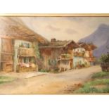 Watercolour, Alpine village, indistinctly signed GM Duig (?), mounted & framed. (21in x 12.5in)