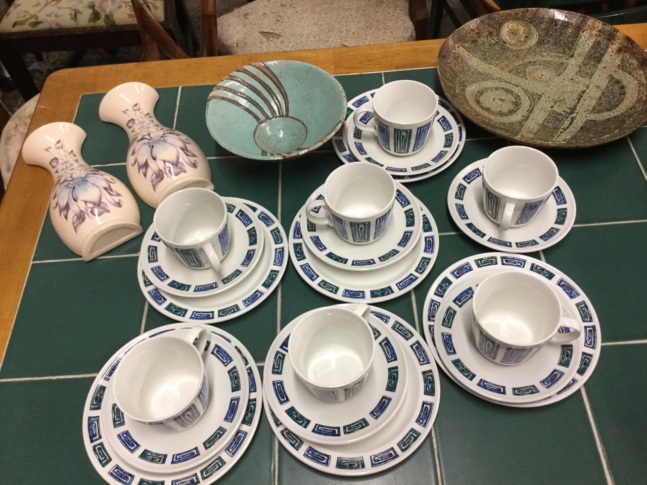 A Ridgway Ondine pattern six-piece 60s teaset; two monogramed studio pottery pieces - a stoneware