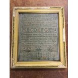 A framed 1833 sampler, with alphabet and numbers above a biblical quotation, sewn by Elisabeth
