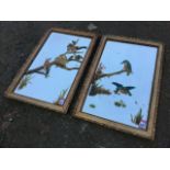 A pair of Edwardian mirrors, the bevelled plates handpainted with kingfishers and bullfinches,