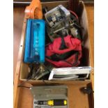 Miscellaneous tools including a driver set, a cased respirator, a battery charger, jump leads, a