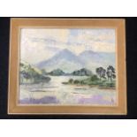 Oil on board, lakeland landscape, inscribed to verso Derwent Water, signed with monogram, framed. (