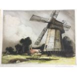 Coloured lithograph, a Cheshire windmill, unknown artist, title in pencil & signed, mounted &