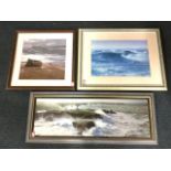A framed print of Belle Isle en Mer with stormy seas; another print of choppy seas with distant
