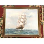A Boroze, oil on board, study of a tall ship in choppy seas, signed & framed. (24.5in x 19.5in)