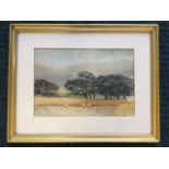 Victorian school, watercolour, cornfield and trees with figures, unsigned, mounted & framed. (11in x