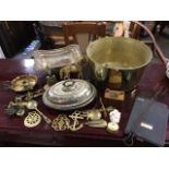 A Victorian brass jam pan with riveted iron handle; and a quantity of other brass and collectors
