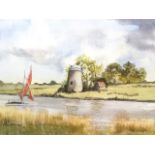ME Cooper, watercolour, river scene with barge and distant windmill, signed, mounted & framed. (13in