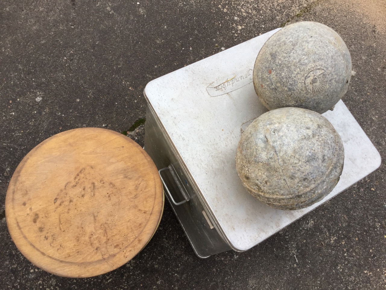 A square aluminium Grundybin & cover on casters; two galvanised ball fishing floats; and a tubular - Image 2 of 3