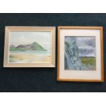 Ron Gale, oil on board, coastal view, signed & dated, framed; and Leslie Jones, stylised landscape