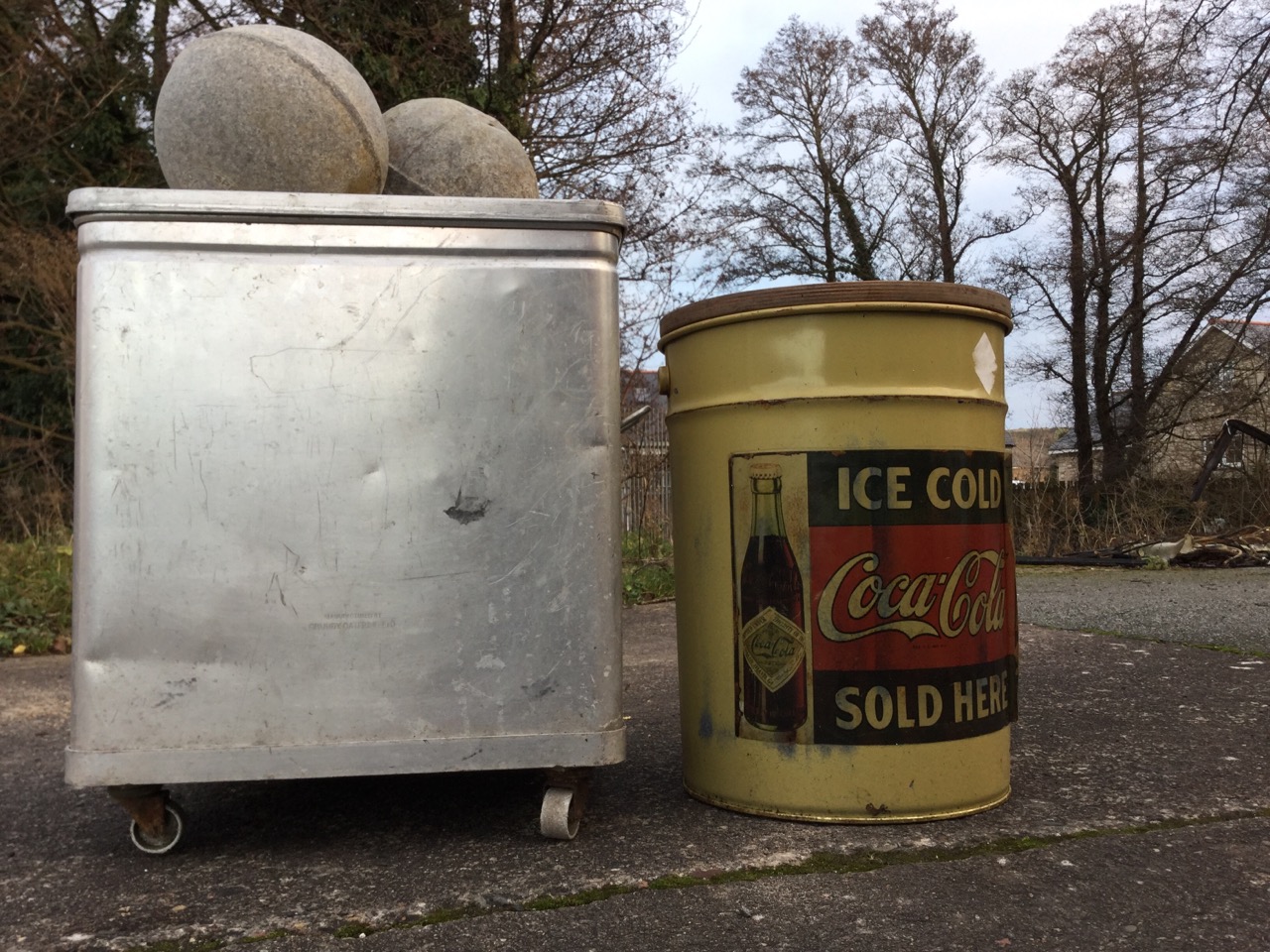 A square aluminium Grundybin & cover on casters; two galvanised ball fishing floats; and a tubular - Image 3 of 3